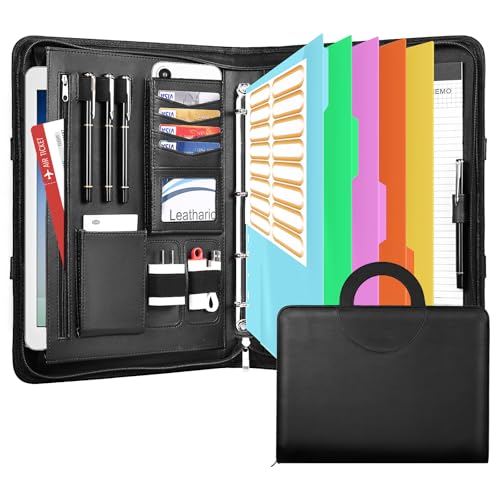 Leathario Schreibmappe A4 mit 5er Register DIN A4，Konferenzmappe mit 4 Ringbuch，Dokumentenmappe mit Reißverschluss，Griff，Klemmbrett,Ordner für Meeting, Business,Mappe für Schule, Uni von Leathario