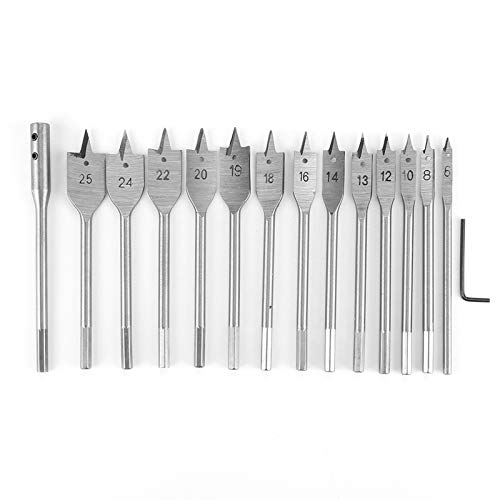Leatikall 15pcs Spade Bohrer Bit Sets, Carbon Stahl Sechskant Shank Spade Flachholzbohrer Bit Set 6‑25 mm für Holzbohrwerkzeuge von Leatikall
