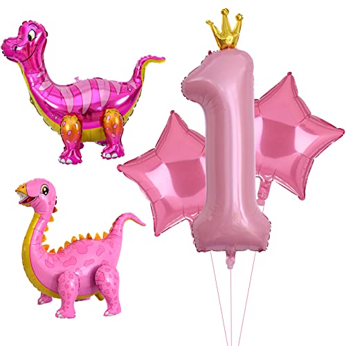 5pcs Rosa Dinosaurier Ballons, Mädchen Dinosaurier Geburtstagsnummer Mylar Folie Ballon Rosa Dinosaurier 1st Geburtstag Party Supplies Dekorationen (1st) von Lebeili