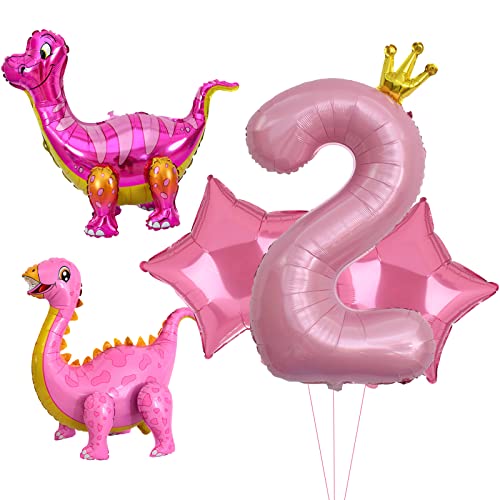 5pcs Rosa Dinosaurier Ballons, Mädchen Dinosaurier Geburtstagsnummer Mylar Folie Ballon Rosa Dinosaurier 2nd Geburtstag Party Supplies Dekorationen (2nd) von Lebeili