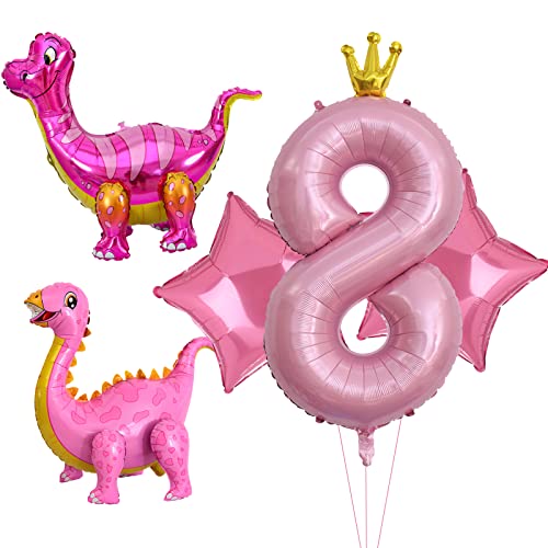 5pcs Rosa Dinosaurier Ballons, Mädchen Dinosaurier Geburtstagsnummer Mylar Folie Ballon Rosa Dinosaurier 8th Geburtstag Party Supplies Dekorationen (8th) von Lebeili