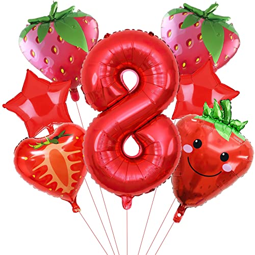 7pcs rote Erdbeer Ballons, Obst Erdbeere Geburtstagsnummer Mylar Folie Ballon Erdbeere Party Supplies Erdbeere 8th Geburtstag Dekorationen (8th) von Lebeili