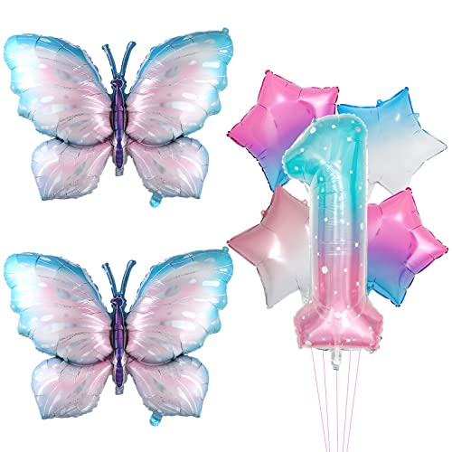 7Pcs Gradient Pink Schmetterling Ballons, riesige bunte Schmetterling Folie Mylar Ballon für Schmetterling 1st Geburtstag Dekorationen Fee Rosa Schmetterling Party Supplies (1st) von Lebeili