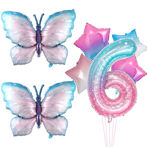 7Pcs Gradient Pink Schmetterling Ballons, riesige bunte Schmetterling Folie Mylar Ballon für Schmetterling 6th Geburtstag Dekorationen Fee Rosa Schmetterling Party Supplies (6th) von Lebeili