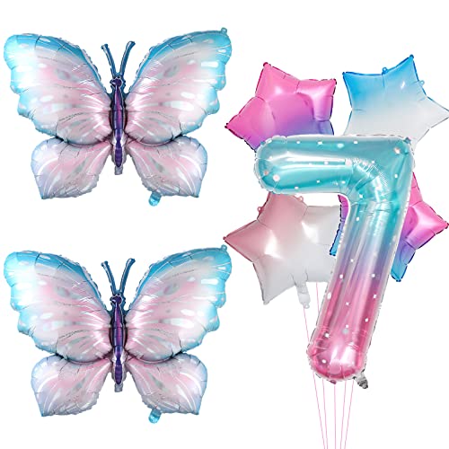 7Pcs Gradient Pink Schmetterling Ballons, riesige bunte Schmetterling Folie Mylar Ballon für Schmetterling 7th Geburtstag Dekorationen Fee Rosa Schmetterling Party Supplies (7th) von Lebeili