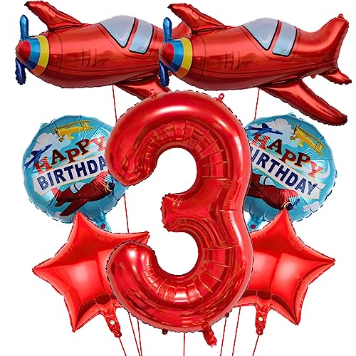 7Pcs Flugzeug Ballons, Rotes Flugzeug Geburtstagsnummer Mylar Folie Ballon Flieger Abenteuer Thema 3rd Geburtstag Party Supplies Dekorationen (3rd) von Lebeili