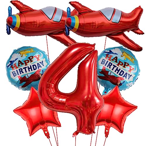 7Pcs Flugzeug Ballons, Rotes Flugzeug Geburtstagsnummer Mylar Folie Ballon Flieger Abenteuer Thema 4th Geburtstag Party Supplies Dekorationen (4th) von Lebeili