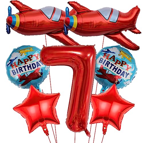 7Pcs Flugzeug Ballons, Rotes Flugzeug Geburtstagsnummer Mylar Folie Ballon Flieger Abenteuer Thema 7th Geburtstag Party Supplies Dekorationen (7th) von Lebeili