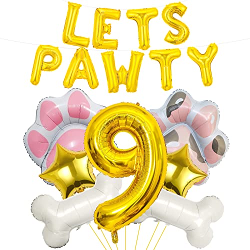 Hund Ballons, Lets Pawty Ballons, Hund Paw Geburtstagsnummer Mylar Folie Ballons, Lets Pawty Geburtstag Dekorationen, Hund 9th Geburtstag Party Zubehör (9th) von Lebeili