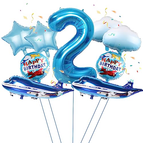9Pcs großer blauer Flugzeug Ballon, 32'' blauer Flugzeug 2nd Geburtstag Mylar Folie Ballon, Flugzeug Flieger Abenteuer Thema Geburtstag Party Zubehör Dekorationen (2nd) von Lebeili