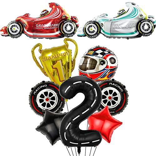 Race Car Ballons, 9pcs Racetrack Geburtstagsnummer Ballon für Baby Dusche 2nd Geburtstag Racing Car Party Dekoration Race Car Party Supplies (2nd) von Lebeili