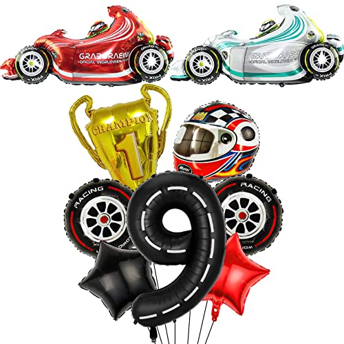 Race Car Ballons, 9pcs Racetrack Geburtstagsnummer Ballon für Baby Dusche 9th Geburtstag Racing Car Party Dekoration Race Car Party Supplies (9th) von Lebeili