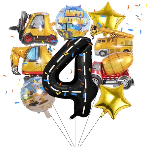 9 Stück Engineering-Fahrzeug-Folienballons, Bau-Geburtstag, Zahlen, Mylar-Folienballon, Thema für Babyparty, Kinder, 4. Geburtstag, Partyzubehör, Dekorationen (4. Geburtstag) von Lebeili