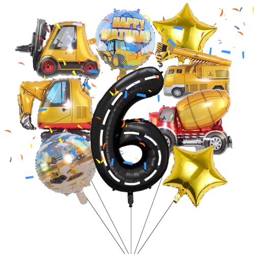9 Stück Engineering-Fahrzeug-Folienballons, Bau-Geburtstag, Zahlen, Mylar-Folienballon, Thema für Babyparty, Kinder, 6. Geburtstag, Partyzubehör, Dekorationen (6. Geburtstag) von Lebeili