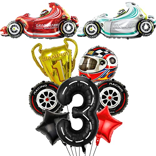 Race Car Ballons, 9pcs Racetrack Birthday Number Balloon for Baby Shower 3rd Birthday Racing Car Party Decoration Race Car Party Supplies (3rd) von Lebeili
