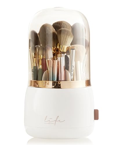 Lebenrich Drehbarer Make-up-Pinselhalter mit Deckel, drehbarer Pinselhalter, Make-up-Organizer mit transparenter Abdeckung, Acryl-Kosmetik-Pinsel, Aufbewahrungsbehälter für Schminktisch (Perlweiß) von Lebenrich