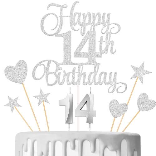 Lecferrarc Kuchendekorationen zum 14. Geburtstag, Kerzen zum 14. Geburtstag, Zahlenkerzen und Glitzer, Happy 14th Birthday, Kuchenaufsätze, Set für Geburtstagsparty-Zubehör (Silber) von Lecferrarc
