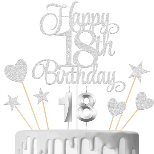 Lecferrarc Kuchendekorationen zum 18. Geburtstag, Kerzen zum 18. Geburtstag, Zahlenkerzen und Glitzer, Happy 18th Birthday-Kuchenaufsätze, Set für Geburtstagsparty-Zubehör (Silber) von Lecferrarc