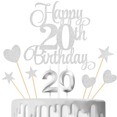 Lecferrarc Kuchendekorationen zum 20. Geburtstag, Kerzen zum 20. Geburtstag, Zahlenkerzen und Glitzer, Happy 20th Birthday-Kuchenaufsätze, Set für Geburtstagsparty-Zubehör (Silber) von Lecferrarc