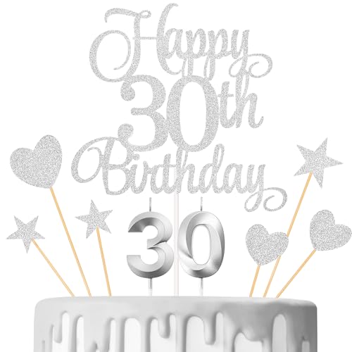 Lecferrarc Kuchendekorationen zum 30. Geburtstag, Kerzen zum 30. Geburtstag, Zahlenkerzen und Glitzer, Happy 30th Birthday, Kuchenaufsätze, Set für Geburtstagsparty-Zubehör (Silber) von Lecferrarc