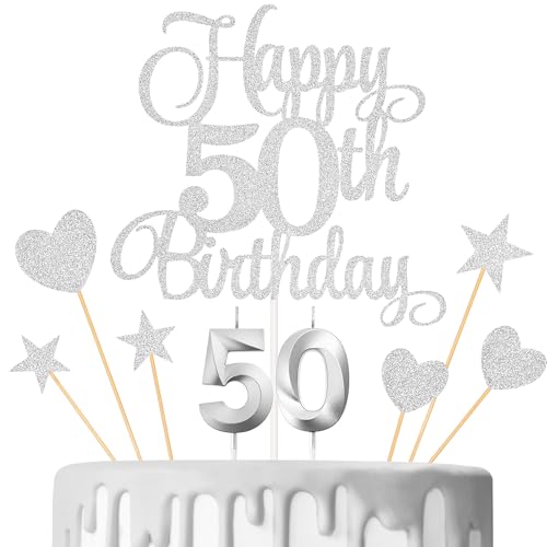 Lecferrarc Kuchendekorationen zum 50. Geburtstag, Kerzen zum 50. Geburtstag, Zahlenkerzen und Glitzer, Happy 50th Birthday-Kuchenaufsätze, Set für Geburtstagsparty-Zubehör (Silber) von Lecferrarc
