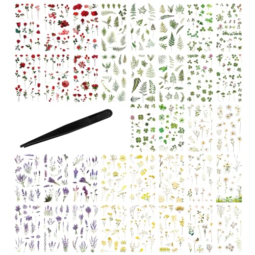 610 Stück Blumen Scrapbooking Aufkleber Set, Pflanzen Dekorative Aufkleber Vintage, PVC-Dekorationsaufkleber mit natürlichen Pflanzen und Blumen für Heimwerker, Planer, Bullet Journals, Fotoalbum von Lechengjia