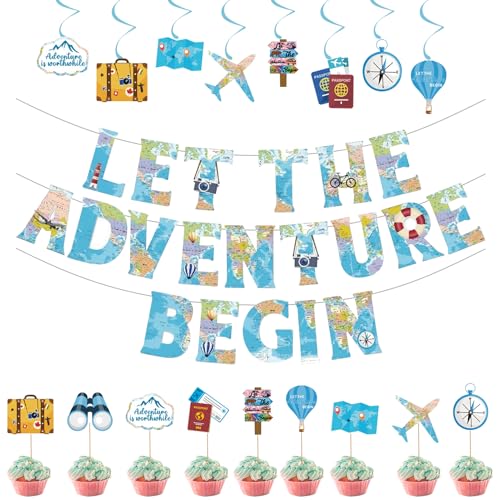 20 Stück Bon Voyage Party-Dekorationen, Weltkarten-Wimpel, "Let The Adventure Begin", Wimpelkette für Reisen, Motto-Party, hängende Wirbel-Dekorationen, Geschenke für Reisen, Abschlussfeier, 20 Stück Bon Voyage Party-Dekorationen, Weltkarten-Wimpel, "Let The Adventure Begin", Wimpelkette für Reisen, Motto-Party, hängende Wirbel-Dekorationen, Geschenke für Reisen, Abschlussfeier, von Lechisenop