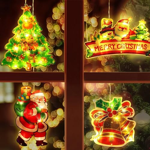 Lecone 4 Stücke LED Saugnapf Weihnachten Lichter,LED Fensterlicht Saugnapf Batteriebetriebene LED Weihnachtsbeleuchtung Hängende,Fensterlichter für Innen Außen Weihnachtsfeier Fenster Deko von Lecone