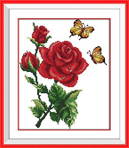 11CT vorgedrucktes gestanztes DIY-Kreuzstich-Stickset, komplette Reihe von Anfänger-Startersets - Schmetterlinge auf Blumen 33 x 38 cm von Leczany