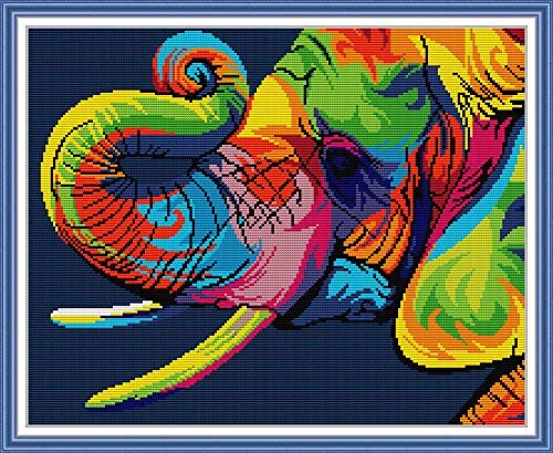 14CT DIY Gestempelte Kreuzstich-Kits Hand Volle Linie Vorgedruckte Stickerei Starter Kits Für Anfänger - Regenbogen-Elefant 44x36cm von Leczany