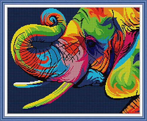 14CT DIY Gestempelte Kreuzstich-Kits Hand Volle Linie Vorgedruckte Stickerei Starter Kits Für Anfänger - Regenbogen-Elefant 44x36cm von Leczany