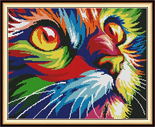 14CT DIY Vorgedrucktes Kreuzstich-Sets Handarbeiten Komplette Reihe vorgedruckter Stick-Starter-Sets für Anfänger - Bunte Katze 39 x 32 cm von Leczany