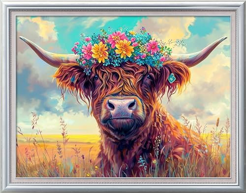 Kreuz Stickerei 11CT 3 Fäden - meme Startkit für Stickerei vor - gedruckte Leinwände Kit komplett Erwachsener oder Kinder für Anfänger - Kuh und Blumen 45x34cm von Leczany