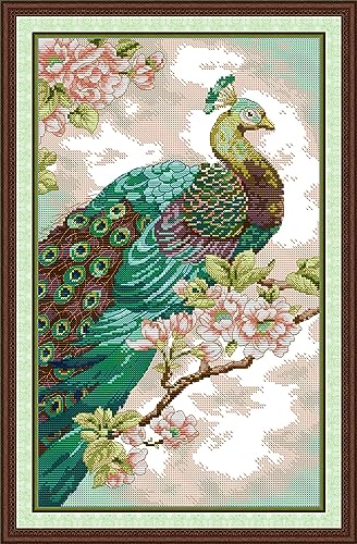 Leczany 11CT Kreuzstich-Set zum Selbermachen, vorgedruckte Startersets für Anfänger, Motiv: grüner Pfau, 38 x 59 cm von Leczany