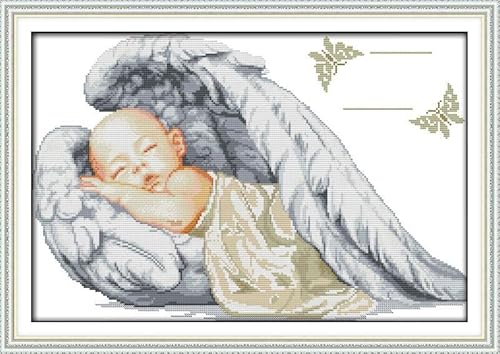 Leczany Kreuzstich-Set zum Selbermachen: komplettes Sortiment an vorgedruckten Startersets für Anfänger – Little Angel Geburtsurkunde 49x34cm von Leczany