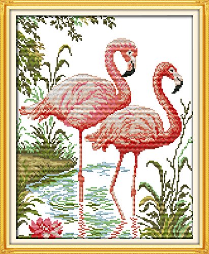 Leczany Kreuzstich-Set zum Selbermachen: komplettes Sortiment an vorgedruckten Startersets für Anfänger –Zwei rosa Flamingos 42x51cm von Leczany