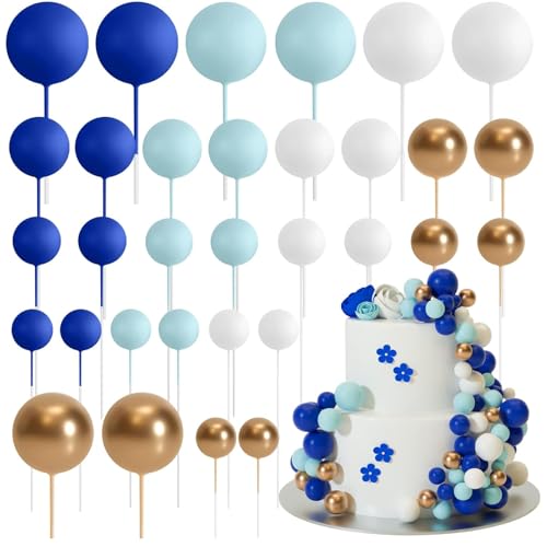 Ledeak 32 Stück Tortendeko Kugeln, Mini-Ballons Tortenaufleger Schaumstoffkugeln, DIY Cupcake Einsatz Kuchen Dekoration für Hochzeit Party Babyparty Geburtstag (Blau, Weiß, Gold) von Ledeak
