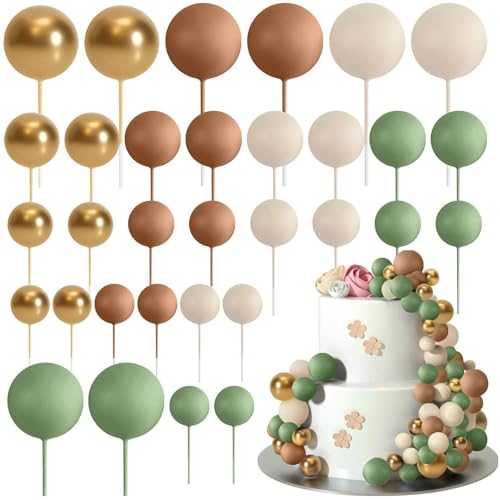Ledeak 32 Stück Tortendeko Kugeln, Mini-Ballons Tortenaufleger Schaumstoffkugeln, DIY Cupcake Einsatz Kuchen Dekoration für Hochzeit Party Babyparty Geburtstag (Grün, Braun, Khaki, Gold) von Ledeak