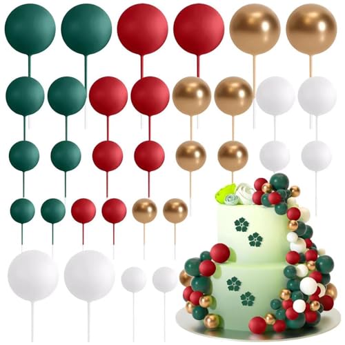 Ledeak 32 Stück Tortendeko Kugeln, Mini-Ballons Tortenaufleger Schaumstoffkugeln, DIY Cupcake Einsatz Kuchen Dekoration für Hochzeit Party Babyparty Geburtstag (Grün, Rot, Gold, Weiß) von Ledeak