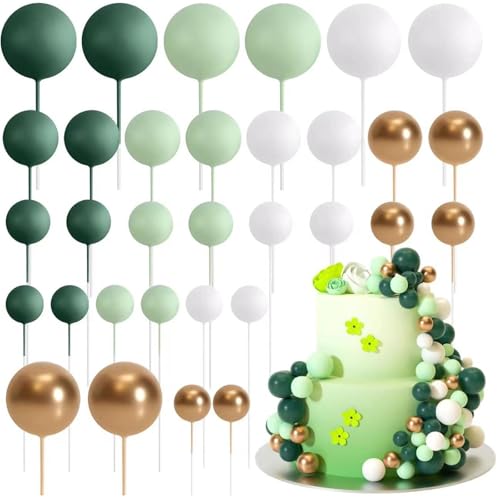 Ledeak 32 Stück Tortendeko Kugeln, Mini-Ballons Tortenaufleger Schaumstoffkugeln, DIY Cupcake Einsatz Kuchen Dekoration für Hochzeit Party Babyparty Geburtstag (Grün, Weiß, Gold) von Ledeak