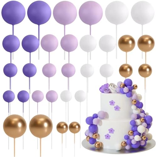 Ledeak 32 Stück Tortendeko Kugeln, Mini-Ballons Tortenaufleger Schaumstoffkugeln, DIY Cupcake Einsatz Kuchen Dekoration für Hochzeit Party Babyparty Geburtstag (Lila, Weiß, Gold) von Ledeak