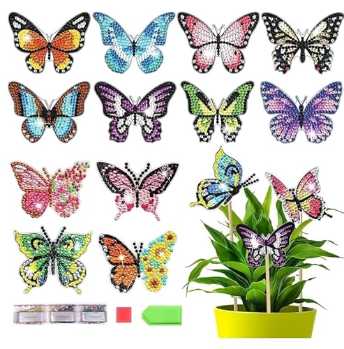 Ledebouk 12 Stück Diamond Painting Schmetterling Set, Gartenstecker Diamond Painting, Bastelset Kinder Zubehör für Dekoration von Gärten und Balkonen, Geschenke für 8-10 Jahre Mädchen und Frauen von Ledebouk