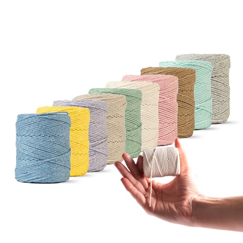 LEDENT Makramee Garn (1mm, 10x65m, Set 10 Farben) - Doppelt gedrehtes Seil für Makramee aus 100% recycelter Baumwolle - Set mit 10 kleinen Rollen in Erdtönen von Ledent
