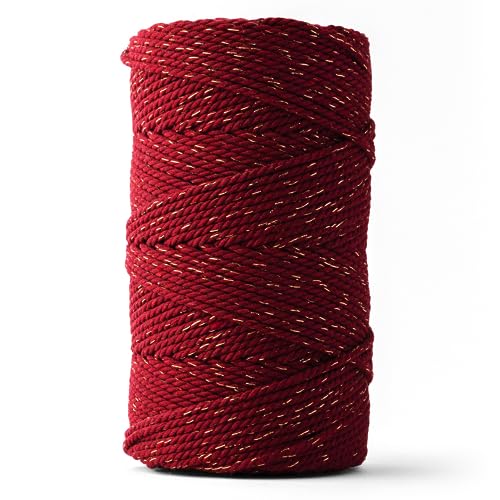 Ledent Makramee Garn (3mm, 120M, Burgund mit Goldfaden) doppelt gedreht - Seil Garn für Makramee aus 100% recyceltes Baumwollgarn - Dickes Makramee Garn Basteln von Ledent