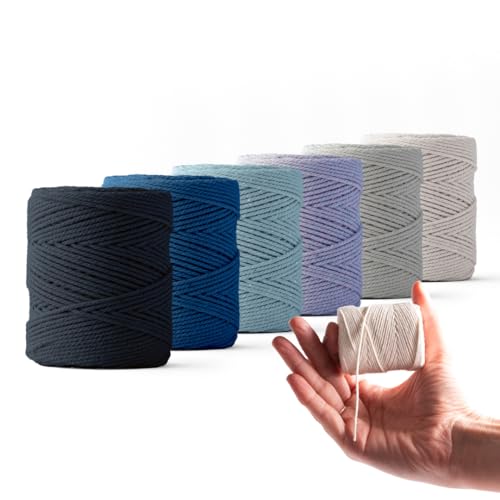 Ledent Makramee Garn (1mm, 6 x 65M, Set 6 Farben) doppelt gedreht - Seil Garn für Makramee aus 100% recyceltes Baumwollgarn - Makrame Garn Satz von 6 kleinen Rollen mit Blau- & Grautönen von Ledent