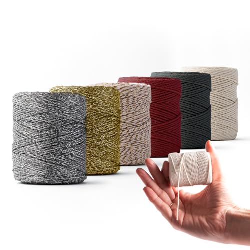 Ledent Makramee Garn (1mm, 6 x 65M, Set 6 Farben) doppelt gedreht - Seil für Makramee aus 100% recyceltes Baumwollgarn - Makramee Garn Satz von 6 Festlichen Farben, Weihnachtsverpackung von Ledent