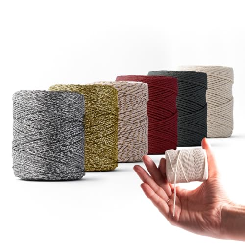 Ledent Makramee Garn (1mm, 6 x 65M, Set 6 Farben) doppelt gedreht - Seil Garn für Makramee aus 100% recyceltes Baumwollgarn - Makrame Garn Satz von 6 kleinen Rollen mit Festlichen Farben von Ledent