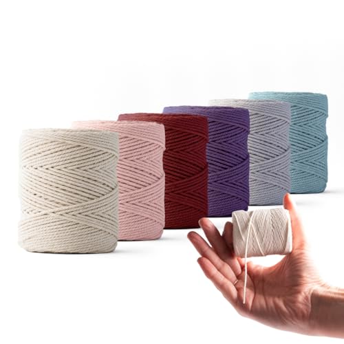 Ledent Makramee Garn (1mm, 6 x 65M, Set 6 Farben) doppelt gedreht - Seil Garn für Makramee aus 100% recyceltes Baumwollgarn - Makramee Garn Satz von 6 kleinen Rollen mit Lila & Rosa Farben von Ledent