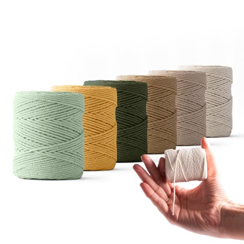 Ledent Makramee Garn (1mm, 6 x 65M, Set 6 Farben) doppelt gedreht - Seil Garn für Makramee aus 100% recyceltes Baumwollgarn - Makrame Garn Satz von 6 kleinen Rollen mit natürlichen Farben von Ledent