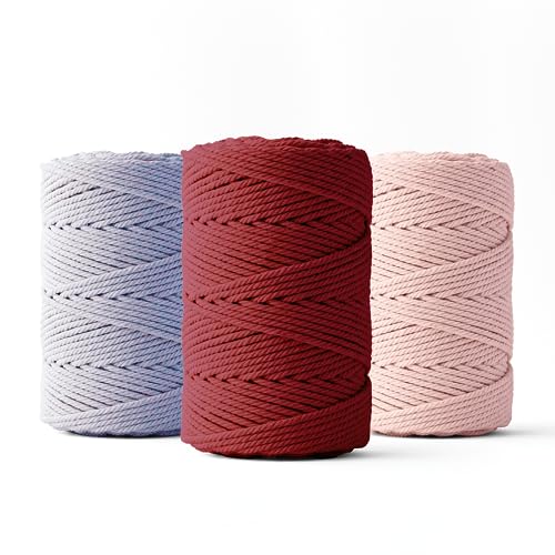 Ledent Makramee Garn (2mm, 3 x 70M, Set mit 3 Farben: Bordeaux, Hellviolett & Rosa) doppelt gedreht - Seil für Makramee aus 100% recyceltes Baumwollgarn - Makrame Garn zum Basteln von Ledent